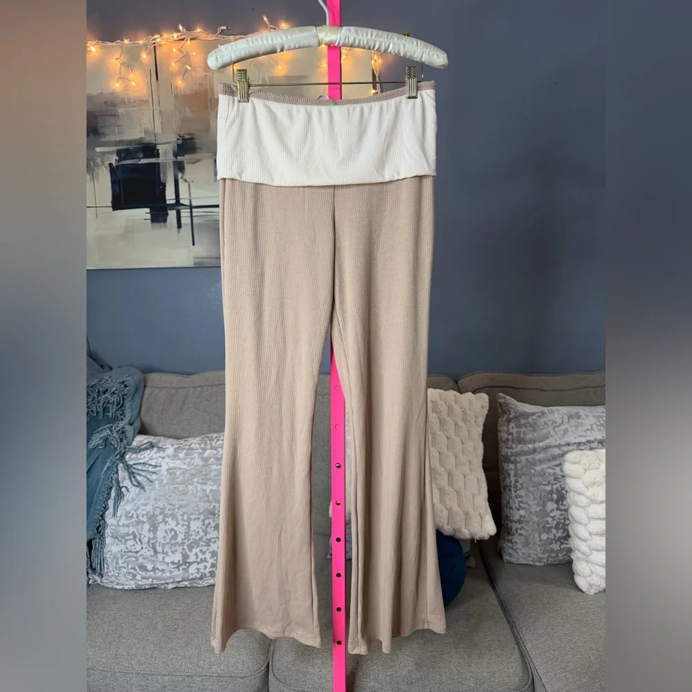 Timing Ribbed Colorblock Foldover Flare Pant Lounge Set Top L Bottom M - Picture 2 of 7